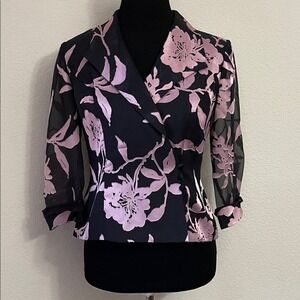 Alex Evenings Petite Black Pink Floral Jacquard Sheer‎ Sleeve Evening Jacket PP